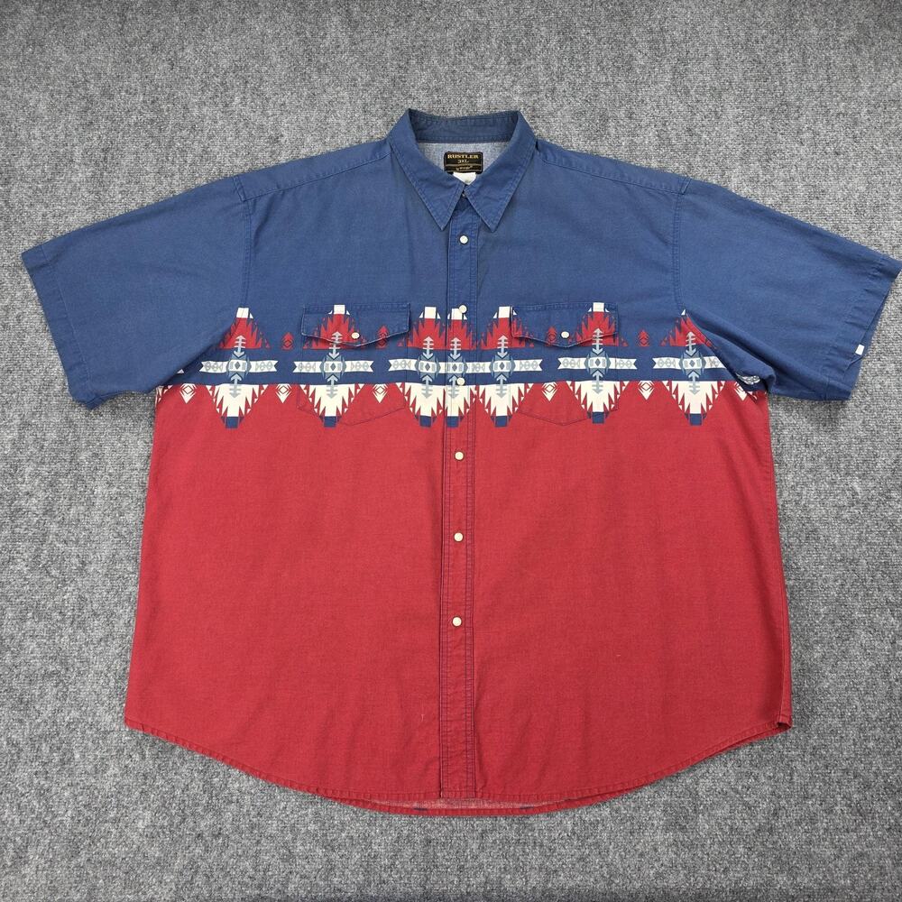 Rustler Western Shirt Mens 3XL Blue Red Aztec Southwestern Pearl Snap Vintage